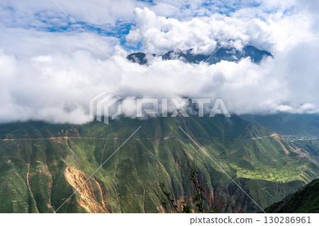 Lush green slopes of Colca Canyon, Peru 130286961