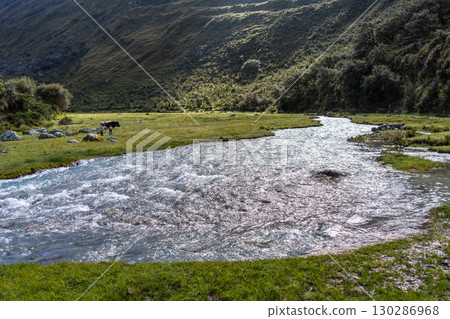 River and snow-capped mountains along the Laguna 69 trek in Huaraz, Peru 130286968