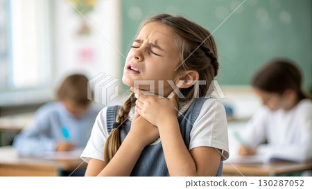 Young Girl with Sore Throat in Classroom Setting 130287052