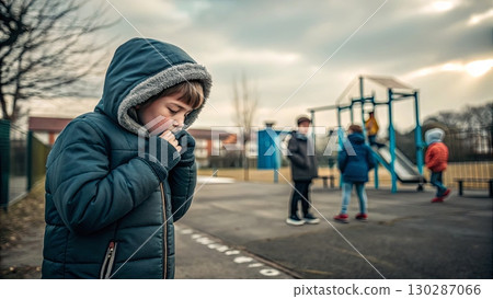 Child Coughing in Winter Jacket at Playground 130287066