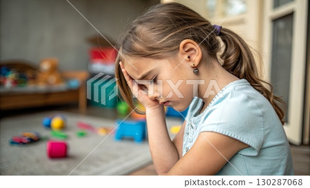 Sad Girl with Ear Pain in Playroom Setting Sad Girl with Ear Pain in Playroom Setting 130287068