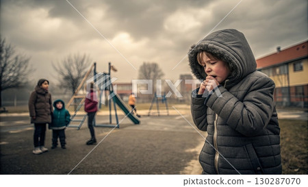 Child in Winter Coat Coughing at Playground Child in Winter Coat Coughing at Playground 130287070