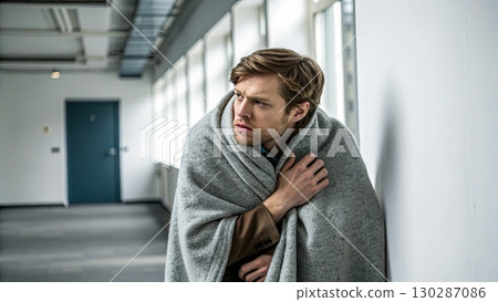 Young Man with Pneumonia Wrapped in Blanket Indoors 130287086
