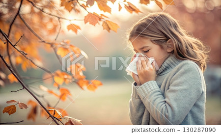 Girl with Allergies Blowing Nose in Autumn Park Girl with Allergies Blowing Nose in Autumn Park 130287090