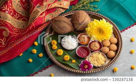 Traditional Navratri Thali with Sweets and Coconut Traditional Navratri Thali with Sweets and Coconut 130287138