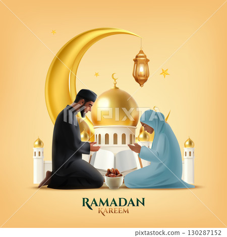 Realistic Islamic Culture and Ramadan Composition with Muslims Praying and Mosque Realistic Islamic Culture and Ramadan Composition with Muslims Praying and Mosque 130287152