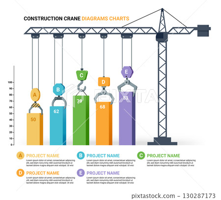 Infographic chart of construction crane lifting colorful bars with project data and labels. Infographic chart of construction crane lifting colorful bars with project data and labels. 130287173