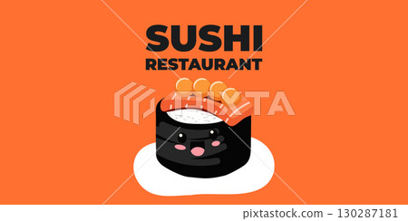 Vector illustrated advertising web and desktop banner with Japanese cuisine, traditional Asian food including sushi and rolls, perfect for Asian restaurant branding, menu design, and promotional Vector illustrated advertising web and desktop banner with Japanese cuisine, traditional Asian food including sushi and rolls, perfect for Asian restaurant branding, menu design, and promotional 130287181