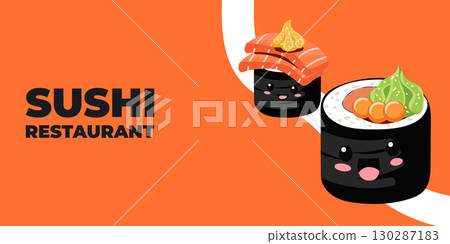 Vector illustrated advertising web and desktop banner with Japanese cuisine, traditional Asian food including sushi and rolls, perfect for Asian restaurant branding, menu design, and promotional 130287183