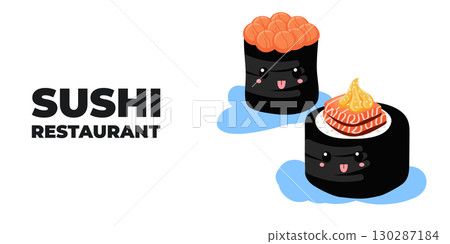 Vector illustrated advertising web and desktop banner with Japanese cuisine, traditional Asian food including sushi and rolls, perfect for Asian restaurant branding, menu design, and promotional Vector illustrated advertising web and desktop banner with Japanese cuisine, traditional Asian food including sushi and rolls, perfect for Asian restaurant branding, menu design, and promotional 130287184