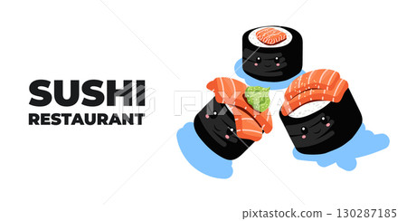 Vector illustrated advertising web and desktop banner with Japanese cuisine, traditional Asian food including sushi and rolls, perfect for Asian restaurant branding, menu design, and promotional 130287185