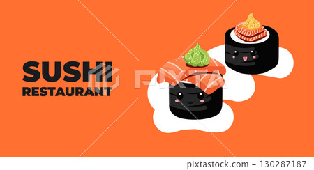 Vector illustrated advertising web and desktop banner with Japanese cuisine, traditional Asian food including sushi and rolls, perfect for Asian restaurant branding, menu design, and promotional 130287187