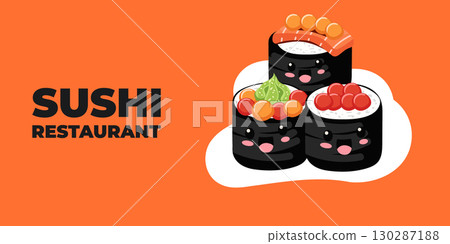 Vector illustrated advertising web and desktop banner with Japanese cuisine, traditional Asian food including sushi and rolls, perfect for Asian restaurant branding, menu design, and promotional 130287188