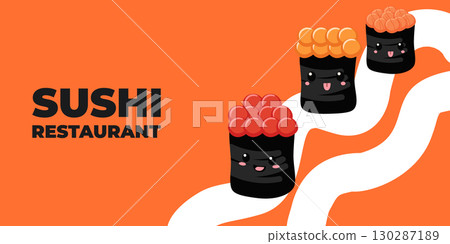 Vector illustrated advertising web and desktop banner with Japanese cuisine, traditional Asian food including sushi and rolls, perfect for Asian restaurant branding, menu design, and promotional 130287189