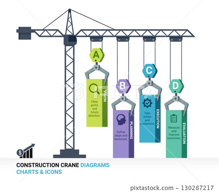 Creative infographic bar chart with construction game crane lifting colorful rectangular blocks business presentation design, infographic concept for data visualization 130287217