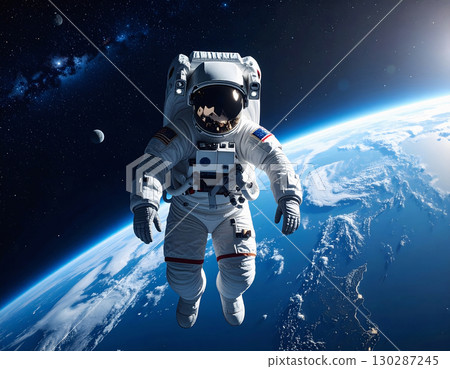 Astronaut floating in space above the blue planet Earth 130287245