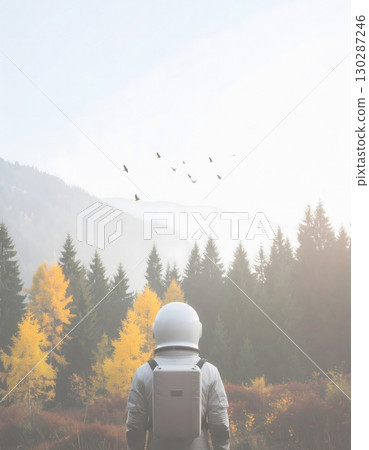 Astronaut exploring lush forest with surreal glowing atmosphere 130287246