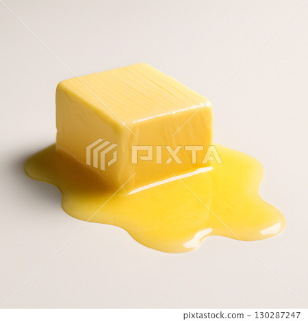 Cube of butter melting slowly on smooth clean surface Cube of butter melting slowly on smooth clean surface 130287247
