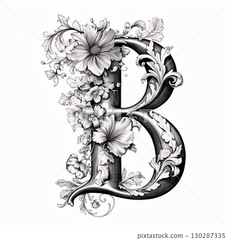 Vintage capital letter B with floral ornament. Hand-drawn illustration. Vintage capital letter B with floral ornament. Hand-drawn illustration. 130287335