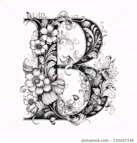 Vintage capital letter B with floral ornament. Hand-drawn illustration. Vintage capital letter B with floral ornament. Hand-drawn illustration. 130287336