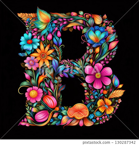 Alphabet B with flowers and leaves on black background. Vector illustration. 130287342