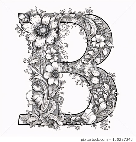 Floral capital letter B with flowers and leaves. Hand-drawn illustration. Floral capital letter B with flowers and leaves. Hand-drawn illustration. 130287343