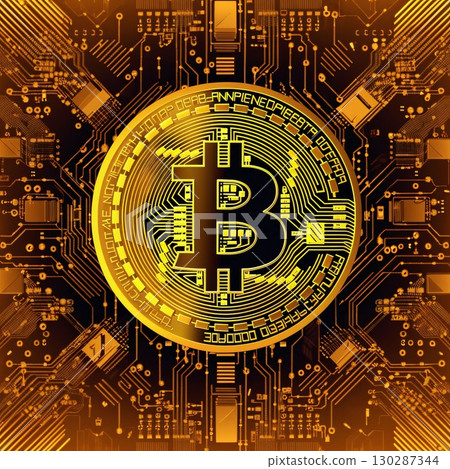Golden bitcoin on a circuit board background. Eps 10 vector file. Letter B Golden bitcoin on a circuit board background. Eps 10 vector file. Letter B 130287344
