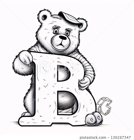 Teddy bear with letter B. Black and white vector illustration. Teddy bear with letter B. Black and white vector illustration. 130287347