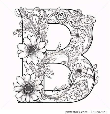 Floral capital letter B with flowers and leaves. Black and white illustration. Floral capital letter B with flowers and leaves. Black and white illustration. 130287348