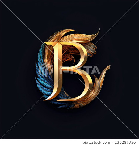 B letter with gold and blue feathers on black background. 3d rendering B letter with gold and blue feathers on black background. 3d rendering 130287350