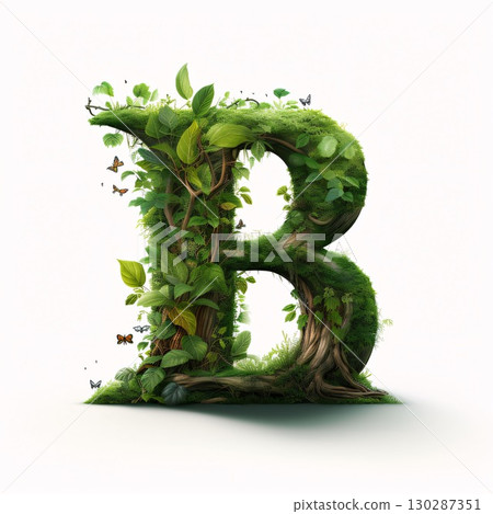 Letter B with green leaves and butterflies, ecology concept, 3d render Letter B with green leaves and butterflies, ecology concept, 3d render 130287351
