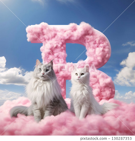 Three cats sitting in pink cloud with letter B on blue sky background Three cats sitting in pink cloud with letter B on blue sky background 130287353