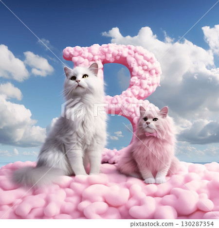 Number eight with two cats in pink fluffy clouds. 3d rendering Letter B Number eight with two cats in pink fluffy clouds. 3d rendering Letter B 130287354