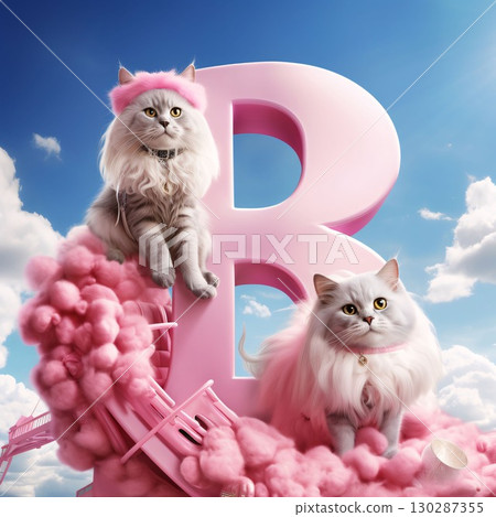 Cute cats sitting on pink letter B with blue sky background. 130287355