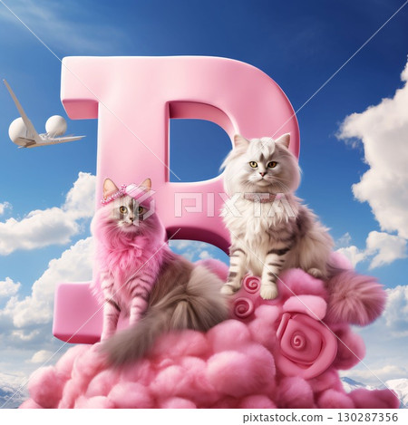 Three cats sitting on a pink letter B with a blue sky background. Three cats sitting on a pink letter B with a blue sky background. 130287356