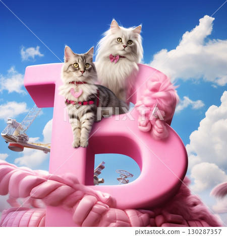 Two cats in pink clothes sit on the letter B of the English alphabet. Two cats in pink clothes sit on the letter B of the English alphabet. 130287357