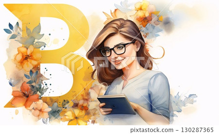 Beautiful girl in glasses with a book in her hands. Digital painting. Letter B 130287365