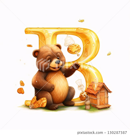 Illustration of a cute cartoon bear with the letter B and a cookie Illustration of a cute cartoon bear with the letter B and a cookie 130287387
