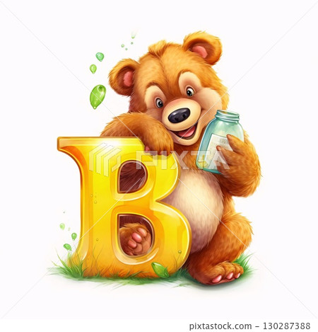 Illustration of a bear with a bottle of milk and letter B Illustration of a bear with a bottle of milk and letter B 130287388