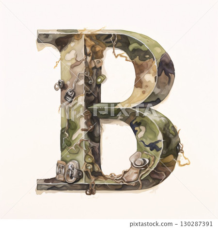 Alphabet B with camouflage texture on white background. Watercolor illustration. Alphabet B with camouflage texture on white background. Watercolor illustration. 130287391
