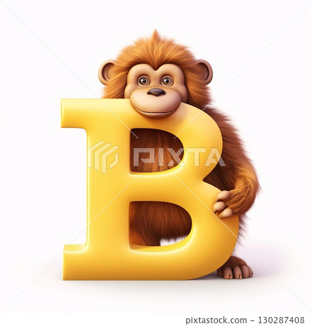 3d rendering of a cute cartoon monkey with a big letter B 3d rendering of a cute cartoon monkey with a big letter B 130287408