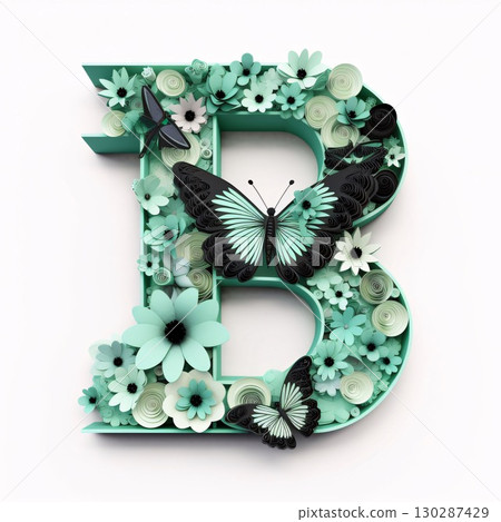 Letter B made of flowers and butterflies isolated on white background. 3D illustration. Letter B made of flowers and butterflies isolated on white background. 3D illustration. 130287429