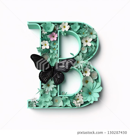 Butterfly font. Letter B decorated with flowers and leaves. Butterfly font. Letter B decorated with flowers and leaves. 130287430