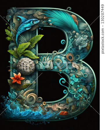 Alphabet letter B with tropical fishes, algae, seaweed and flowers. Alphabet letter B with tropical fishes, algae, seaweed and flowers. 130287449