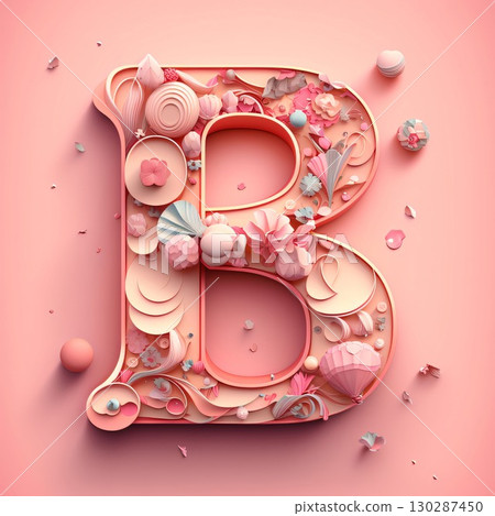 3d illustration of letter B made of pink paper flowers and seashells 3d illustration of letter B made of pink paper flowers and seashells 130287450