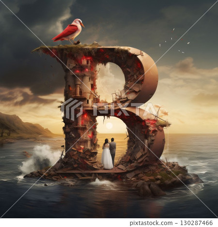 Wedding couple sitting on the letter B with a seagull in the background 130287466