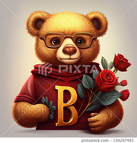 Cute teddy bear in glasses holding a bouquet of red roses. Letter B 130287481