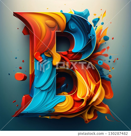 Fluid letter B, colorful 3d paint splashes font. Fluid letter B, colorful 3d paint splashes font. 130287482