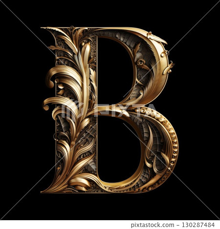 Luxury golden letter B with ornament on black background. 3D rendering 130287484