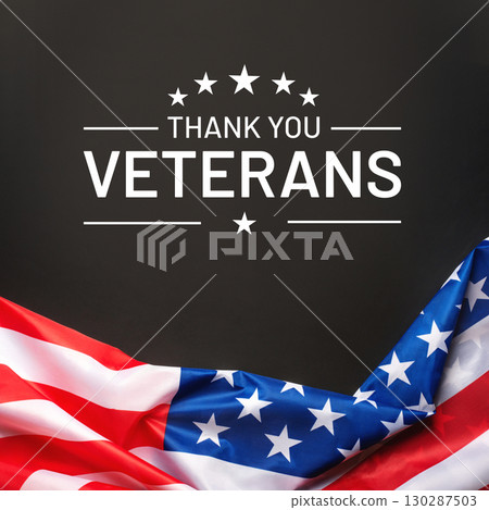 Veterans day. Black background with American flag. Website banner and greeting card design template. 130287503